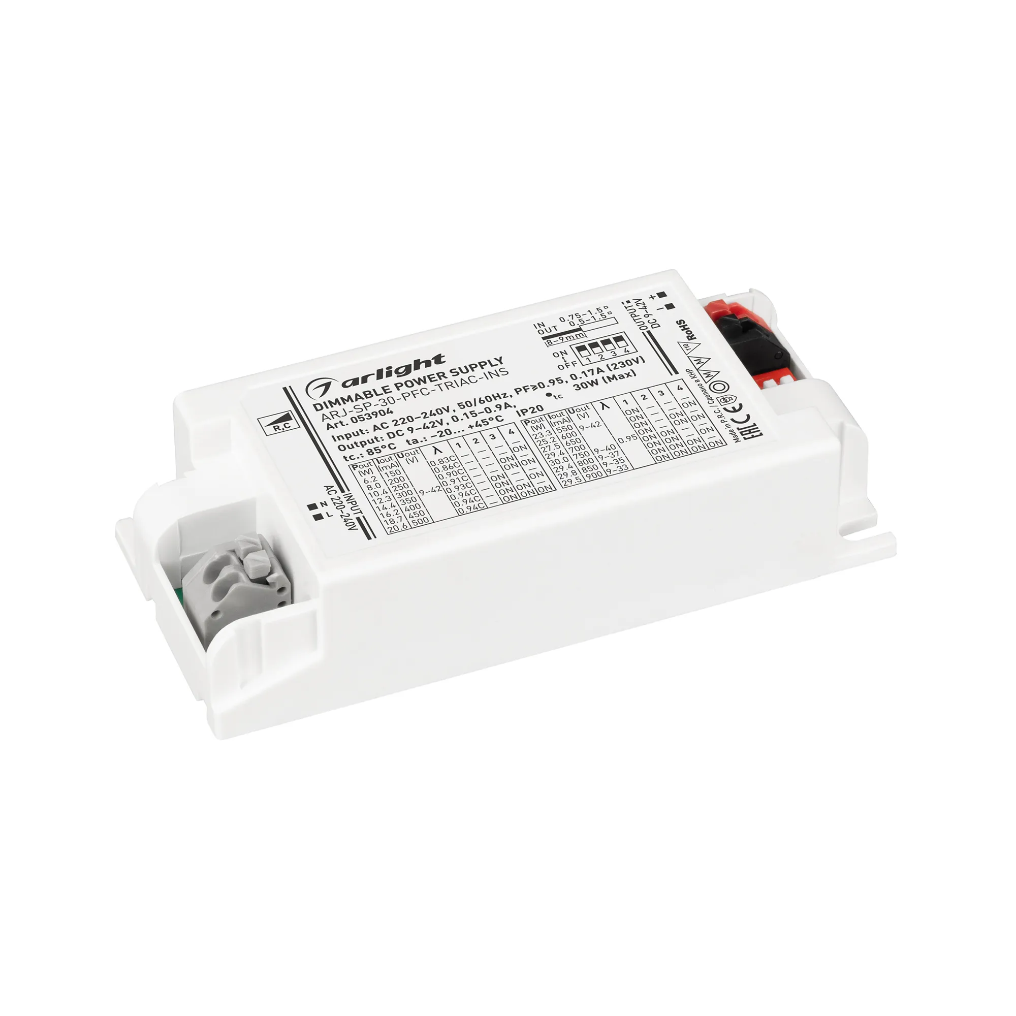 Блок питания ARJ-SP-30-PFC-TRIAC-INS (30W, 9-42V, 0.15-0.9A) (Arlight, IP20 Пластик, 5 лет) - изображение товара